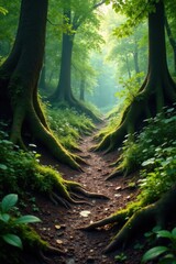 Fototapeta premium Muddy forest floor with overgrown vegetation and twisted tree roots, natural, grunge