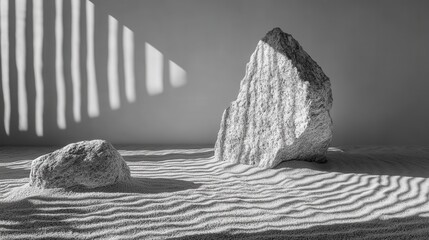 Zen garden monochrome composition with rock formation light and shadow play creating a serene and minimalist ambiance for meditation and relaxation