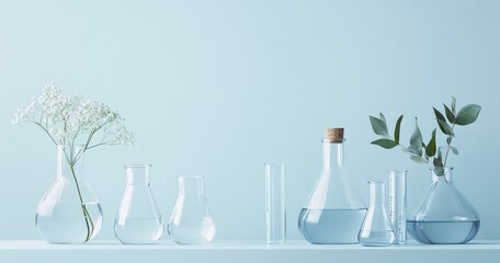 Scientific Glassware with Flowers on Light Blue Background