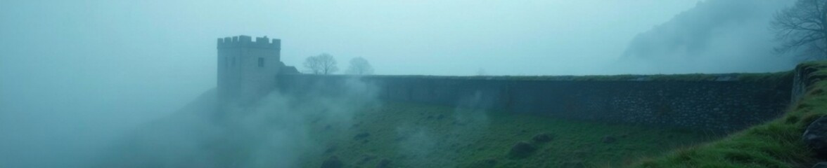 Mysterious fog rolls over ancient stone walls, misty, ancient, grunge
