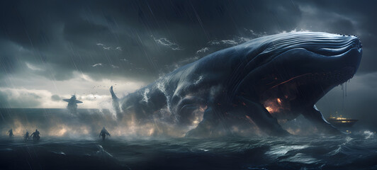 epic whale battle in sea, ai generative