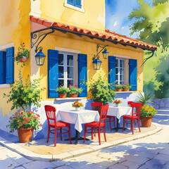 Fototapeta premium Sunlit Mediterranean Cafe Corner with Vibrant Flowers