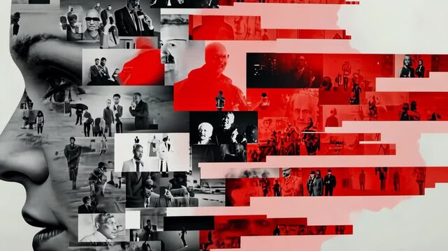 Abstract human profile formed by photo collage and red digital fragments. 4K video