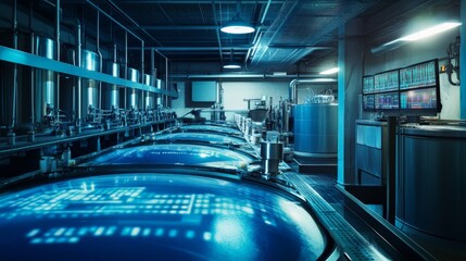 Obraz premium An automated control center overseeing multiple purification tanks with live data monitoring.