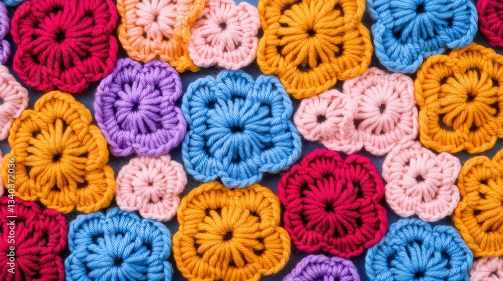 Poster a vibrant array of crocheted flowers in various colors, showcasing intricate patterns and textures, 