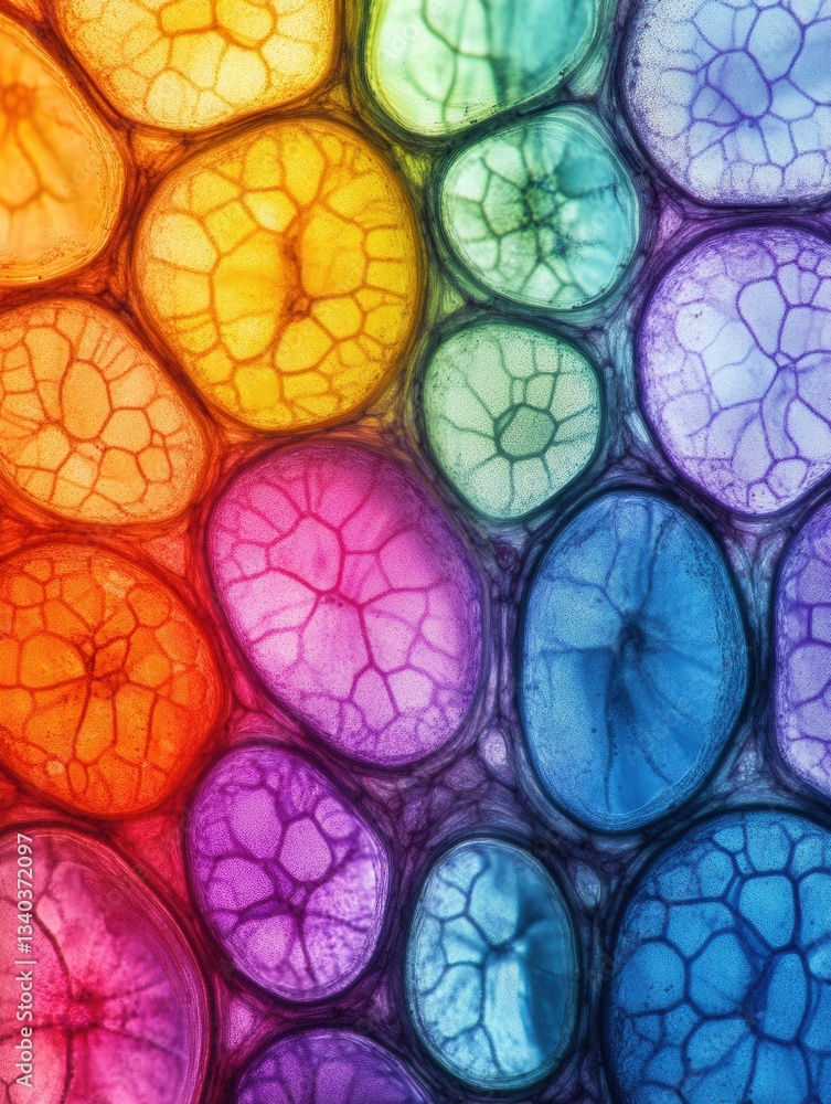 Poster vibrant rainbow hued cellular structure showcasing intricate details in a mesmerizing abstract compo
