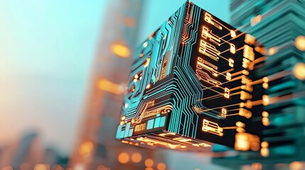 Futuristic technology cube with glowing circuit board in urban cityscape.