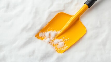 A bright yellow shovel used for handling salt, resting on a bed of white granular salt, ideal for winter maintenance imagery.