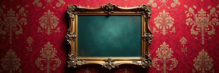 Antique mirror with elaborate filigree frames against a richly patterned damask backdrop , ornate, patterns