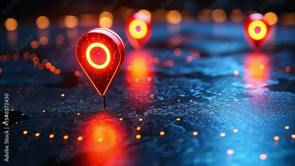 Poster vibrant glowing markers on digital map enhance connectivity and exploration in futuristic location e