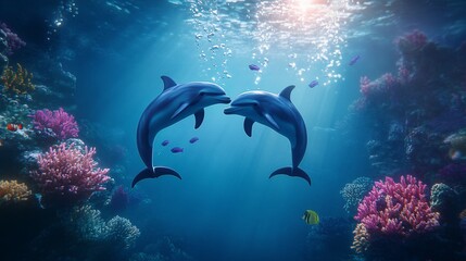 Fototapeta premium Two dolphins swimming towards each other with coral reefs around them