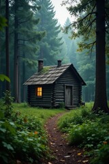 Old wooden cabin in the middle of a dense dark woods, woods, forest houses, natural surroundings