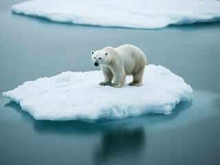 Majestic polar bear standing on a pristine ice floe in the arctic ocean under a soft light in a serene environment