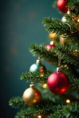 Fototapeta premium Beautifully decorated Christmas tree with glass balls and tinsel hanging from branches , Glass Balls, Tinsel