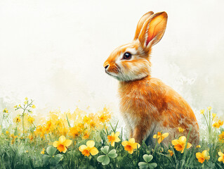 Fototapeta premium Double exposure rabbit silhouette floral landscape city skyline watercolor artistic fusion soft warm tones nature urban contrast dreamy surreal wildlife modern creative conceptual design unique