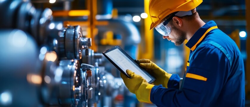 Industrial Workers Performing Maintenance at a Water Plant A group of technicians repairing pumps and monitoring water purification processes.
