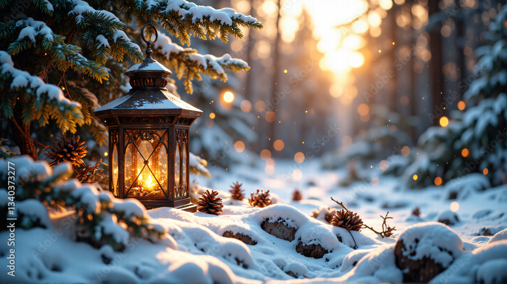 Aufkleber a lantern warmly illuminates a snow-covered forest path at sunset. pinecones rest on the frosty grou