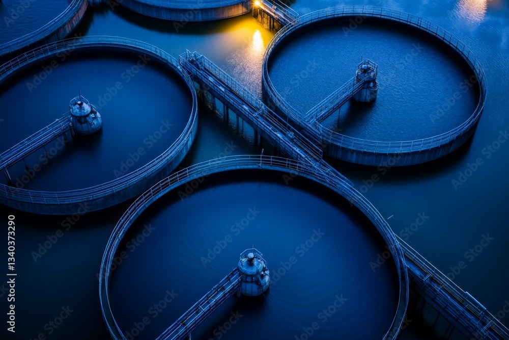 Poster massive clarification and sedimentation tanks a birds-eye view of large circular tanks separating so