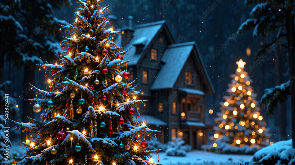 Aufkleber cozy winter scene at night featuring illuminated christmas trees in a snowy forest with a quaint hou