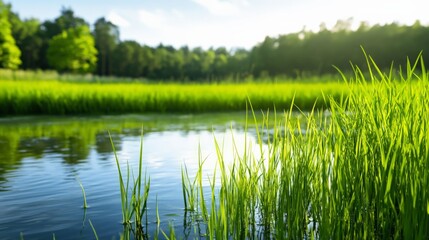 Natural Wetland Used for Wastewater Treatment A lush green wetland filtering wastewater naturally, supporting biodiversity and clean water.