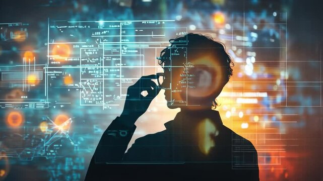 Digital Visionary: A silhouette of a person adjusting glasses against a backdrop of dynamic digital data, circuits and glowing particles, representing innovation, technology, and future concepts. 