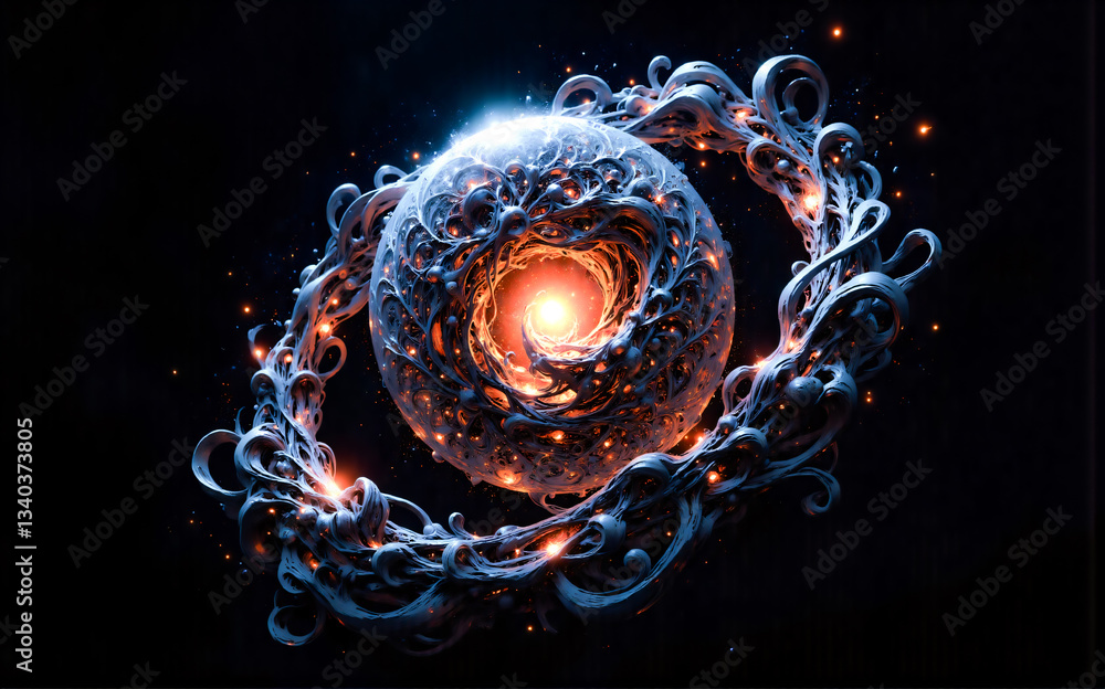 Aufkleber mysterious sphere with a bright orange center, encircled by swirling, ornate patterns and scattered 