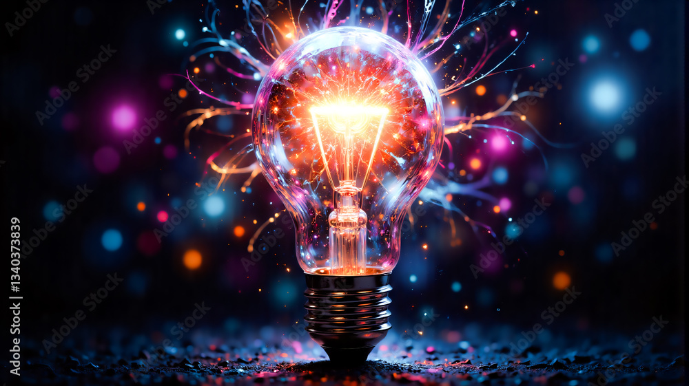 Poster a luminous light bulb radiates vibrant sparks against a dark backdrop with bokeh lights, symbolizing