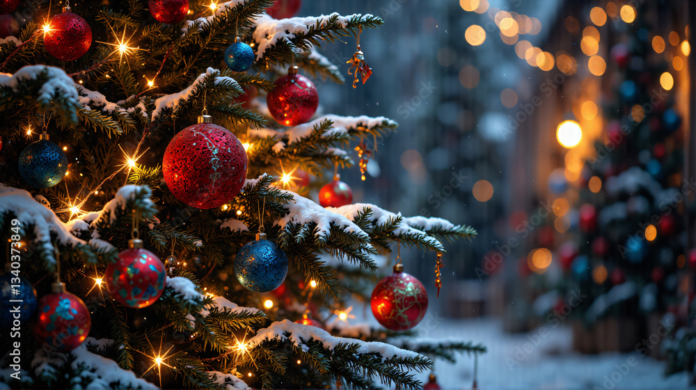 Aufkleber a snow-covered christmas tree adorned with colorful ornaments and warm lights stands outdoors creati