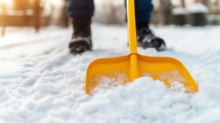 A close-up of a yellow snow shovel clearing fresh snow, showcasing winter work and seasonal maintenance outdoors.