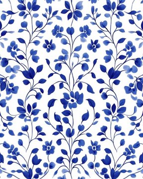 Elegant floral pattern in blue and white with a classic chinoiserie style for timeless design and decoration