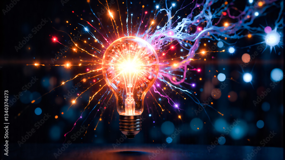 Aufkleber A vibrant light bulb explodes with bright energy, emitting colorful sparks and light rays against a dark bokeh background. Illuminating and dynamic.