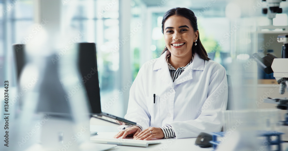 Poster typing, woman and portrait of scientist in laboratory for chemical experiment with technology. profe
