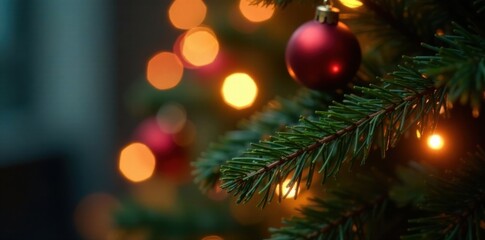 Blurred shiny lights reflecting off a polished Christmas tree branch, Blurred Reflections, Icy Glow