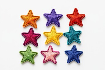 Colorful embroidered star shapes arranged on white background