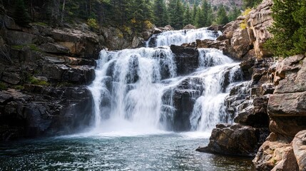 Fototapeta premium Waterfall landscapes concept. A beautiful waterfall cascading over rocks in a serene natural setting.