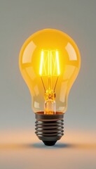 Bright glowing yellow light bulb against white background, radiance, light
