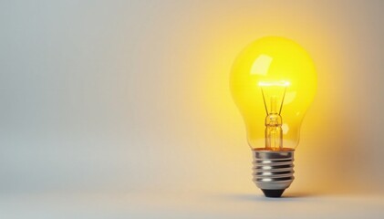 Bright yellow light bulb against white background, emitting vibrant energy, light, radiance
