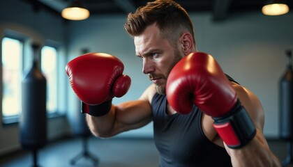 Focused Male Boxer Training in Gym
