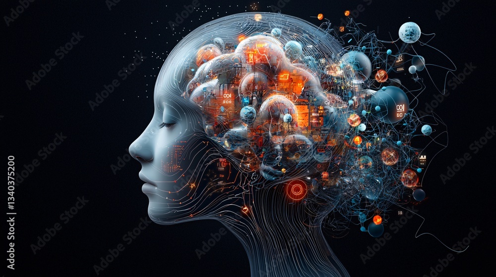 Poster surreal digital consciousness, floating humanoid forms dissolving into data streams, abstract yet hy