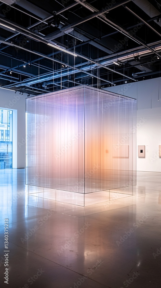 Poster hyper-realistic holographic art gallery where ai-generated paintings shift dynamically, surreal neon