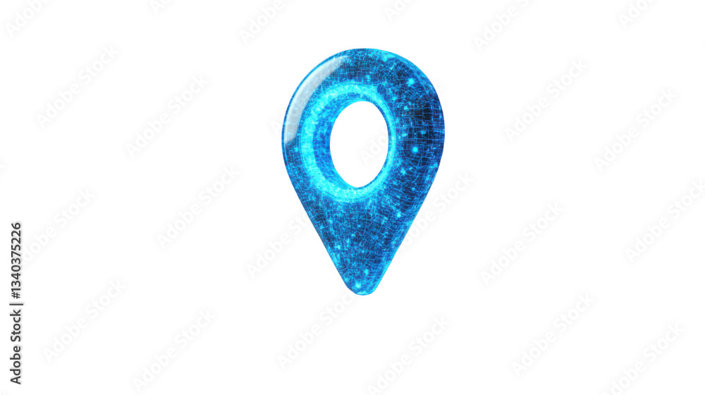 Poster location pointer made of blue connected dots is glowing on a transparent background