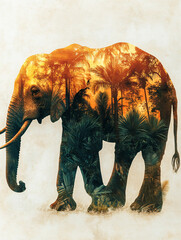 Obraz premium Double exposure elephant silhouette lush forest watercolor artistic fusion wildlife nature vibrant trees foliage warm tones surreal abstract dreamy modern unique aesthetic tranquil expressive artwork