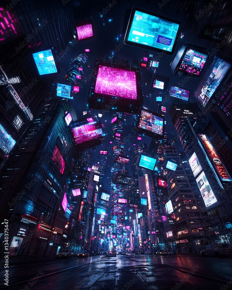 Poster a post-singularity world where ai and humanity merge, towering luminous structures made of pure data