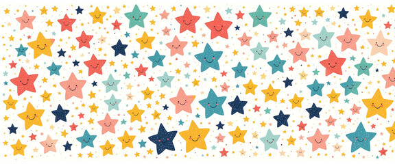 joyful multicolored stars with smiling faces scattered across white space for festive artistic design theme