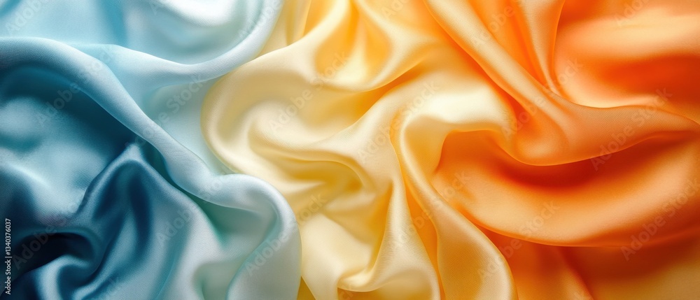 Poster elegant silk fabric with a gradient of blue yellow and orange hues creating a soft and luxurious tex