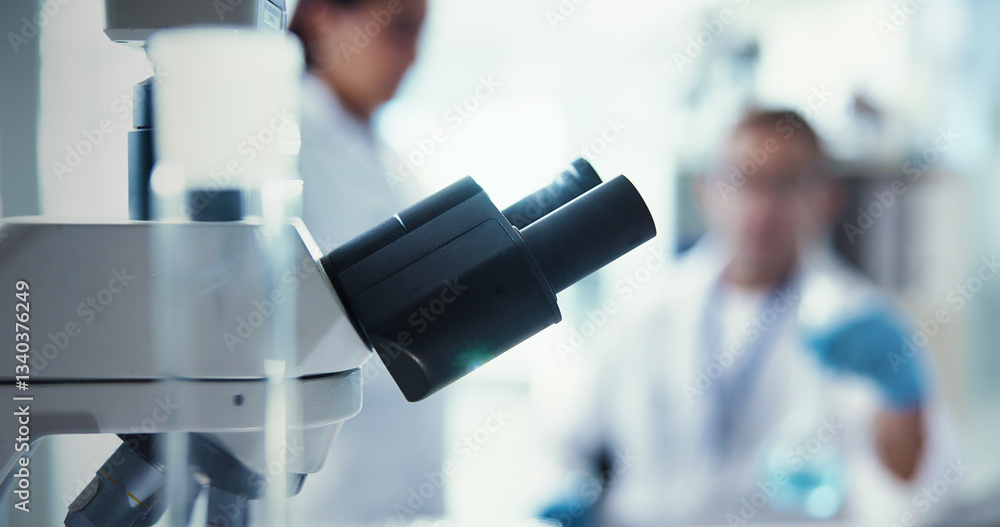 Poster Medical, microscope and science with equipment in laboratory for forensic study of dna sample. Development, healthcare and pharmaceuticals with technology in research facility for innovation