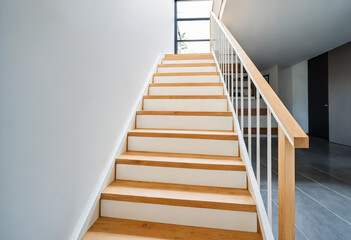 ascending wooden staircase in bright minimalist home interior with white walls and natural light from large window, elegant home design with open space