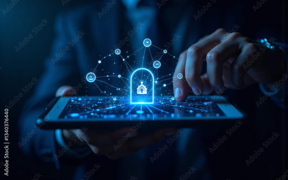 Fototapete Person holds a tablet displaying a digital lock icon surrounded by network nodes.  A glowing blue network overlay suggests online security and data protection.