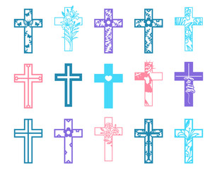 Set of Decorative Cross Designs with Religious and Floral Elements