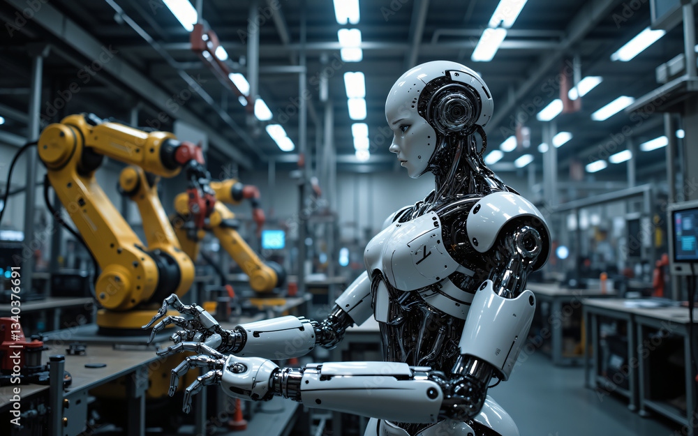 Leinwandbilder humanoid robot in a factory environment performs tasks alongside yellow robotic arms, showcasing aut